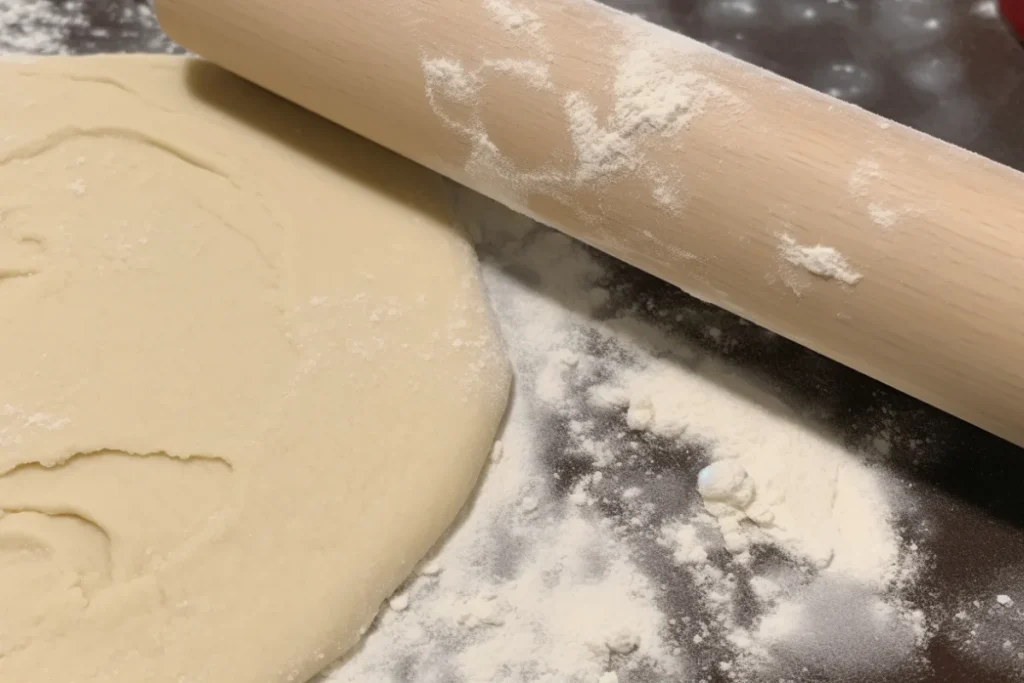  Close-up of raw pie dough being rolled on a floured surface with baking tools and ingredients nearby.