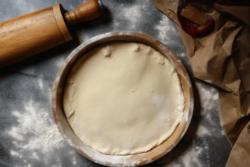 Rolled-out pie dough on a floured surface with a rolling pin.