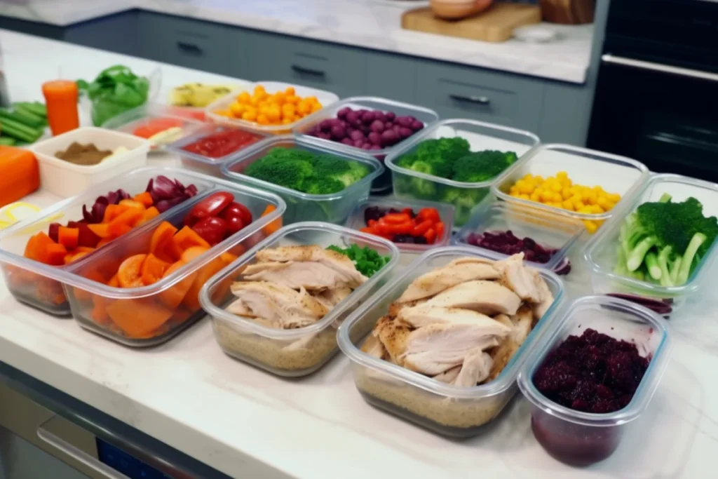 Rotisserie chicken meal prep with vegetables and brown rice in containers.