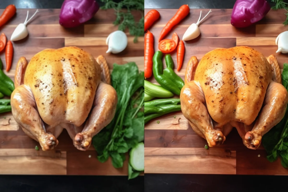 Rotisserie chicken and chicken breast on a cutting board with fresh vegetables and herbs