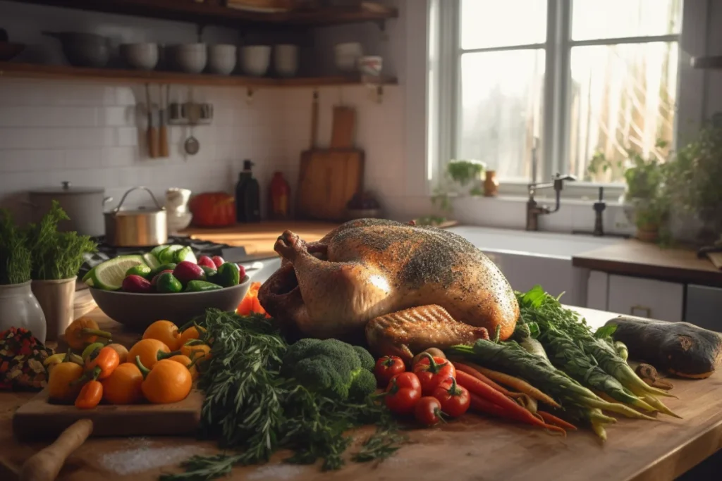 Rotisserie chicken on a kitchen counter surrounded by fresh vegetables and spices.