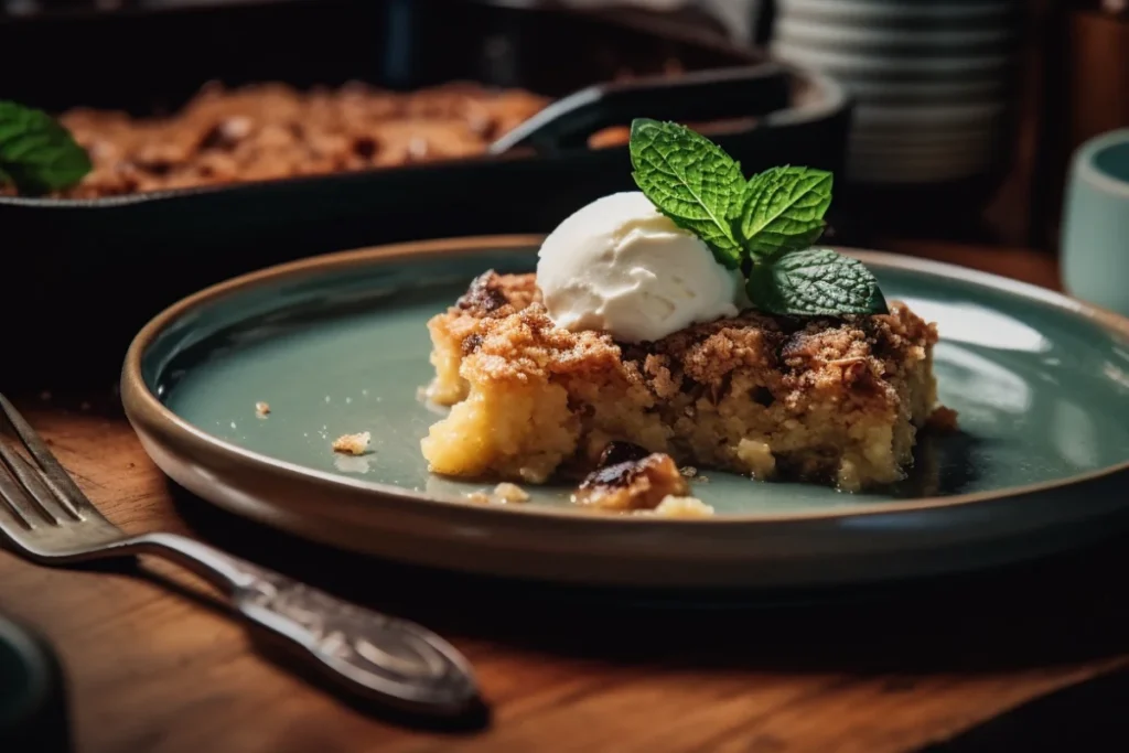 A slice of dump cake on a plate with a scoop of vanilla ice cream and a sprig of mint.