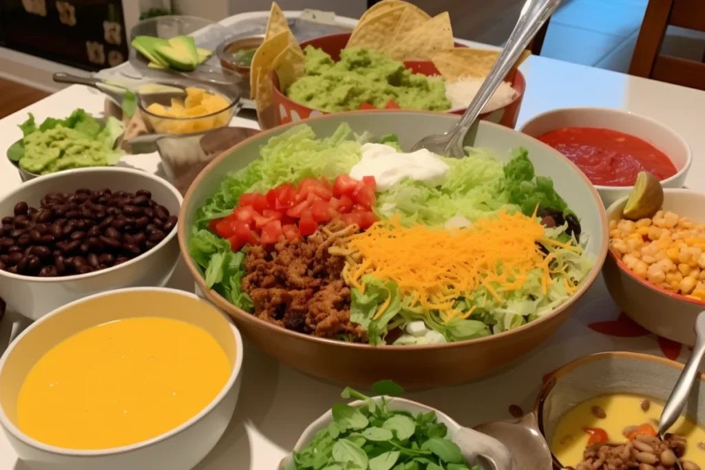 Served taco bowl with fresh toppings and Mexican side dishes like rice and beans on a dining table.