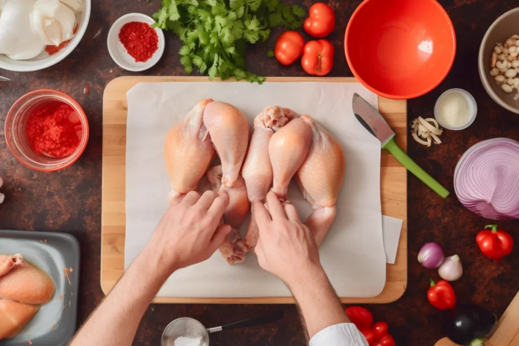 Chef shredding rotisserie chicken on a cutting board with ingredients around.