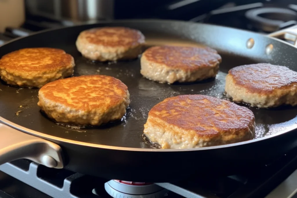 Turkey sausage patties sizzling in a pan on a stove with golden-brown sear marks.