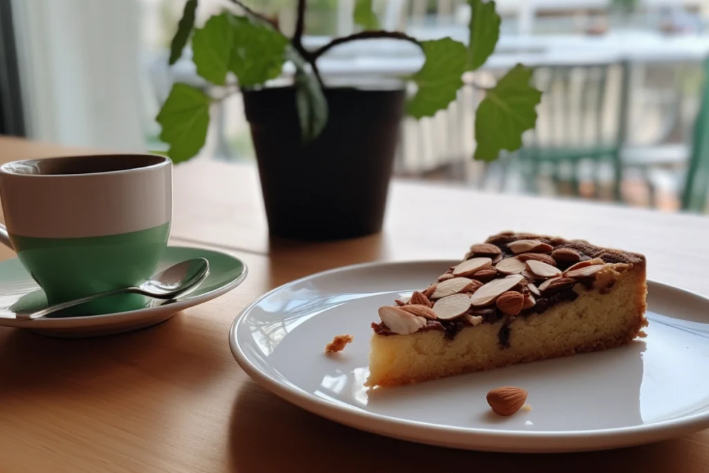 A sliced almond nut cake on a white plate with a cup of coffee and a sprig of mint on a wooden table.