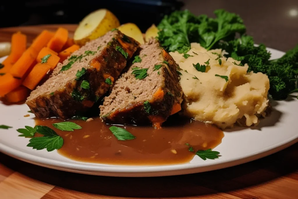 Sliced meatloaf served with gravy, roasted vegetables, and parsley garnish in a modern dining setting.