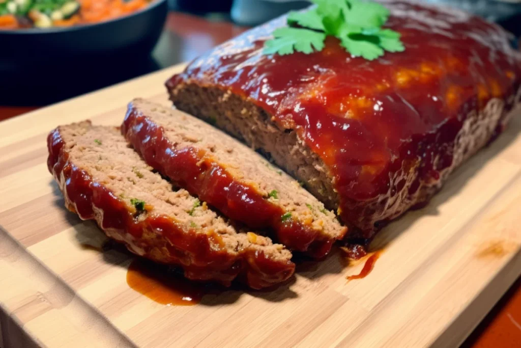 Sliced smoked meatloaf with a glossy glaze on a wooden cutting board, showcasing a moist interior and a thermometer reading 160°F.