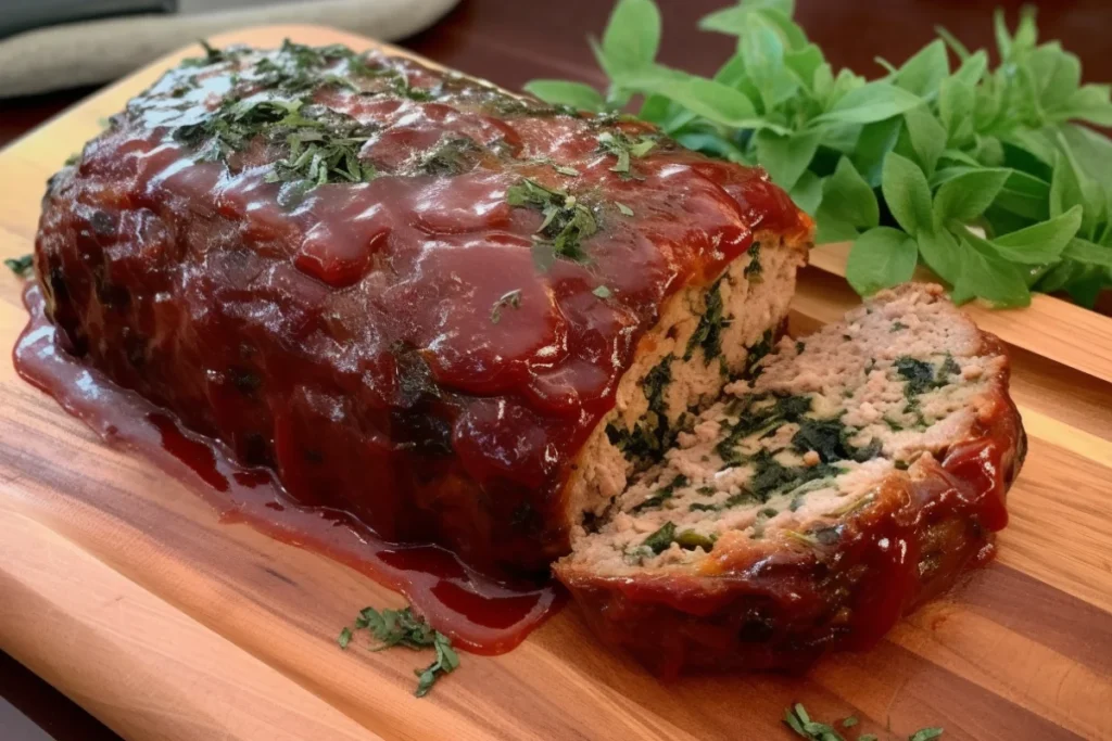 Smoked meatloaf with a glossy glaze, surrounded by fresh herbs, with a thermometer showing doneness.