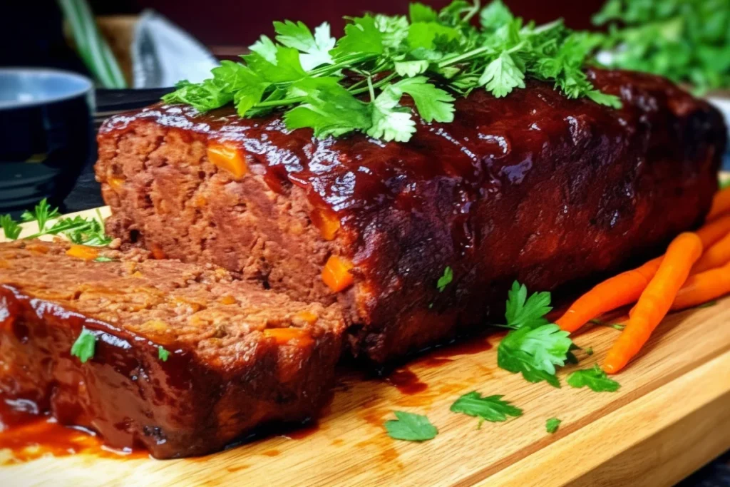 Smoked meatloaf served on a wooden plate, topped with a tangy glaze and garnished with parsley, paired with roasted vegetables.