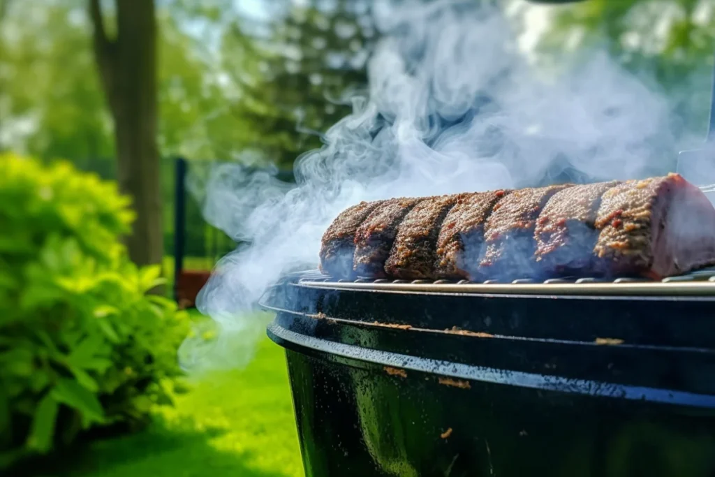 A meatloaf cooking on smoker grates with smoke swirling around in a backyard setting.