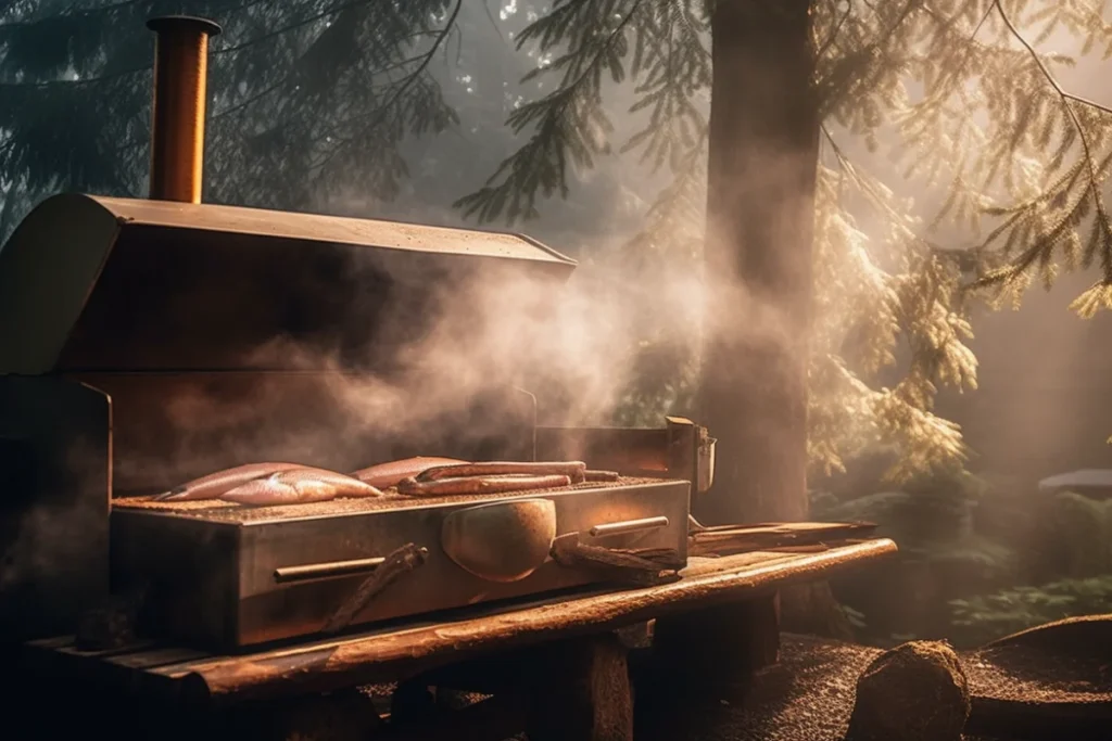 Trout being smoked in a traditional smoker outdoors with smoke rising.