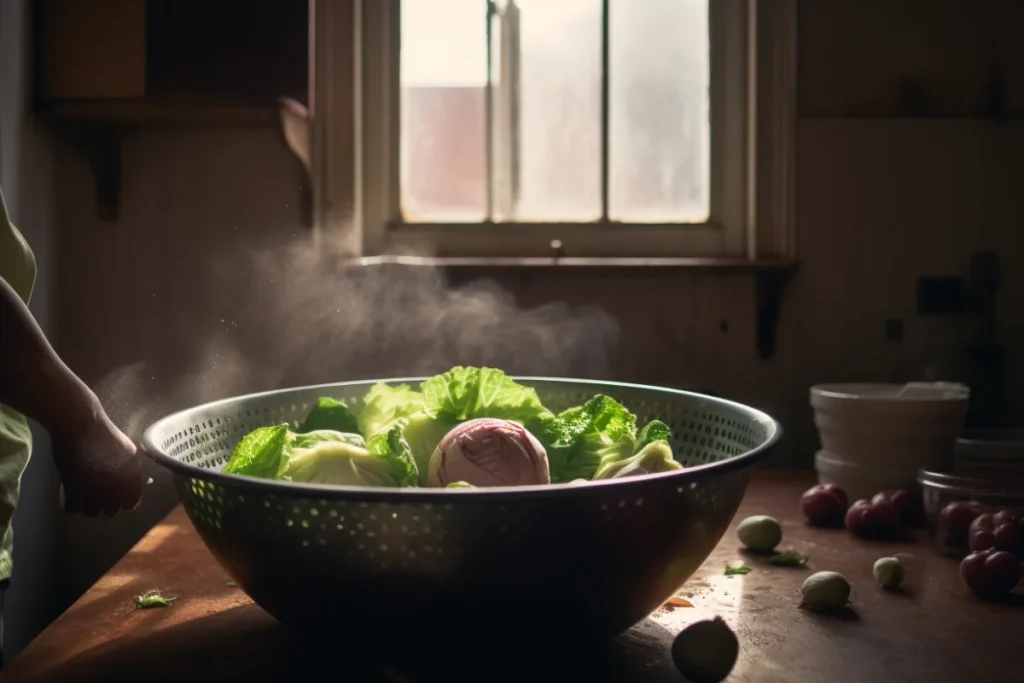 Chef soaking green and red cabbage halves in a bowl of water in a sunlit kitchen.