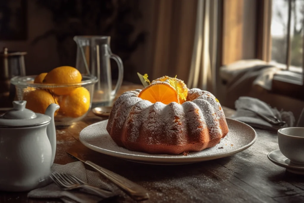 Bundt cake with sour cream, topped with powdered sugar and citrus slices, served on a rustic table.