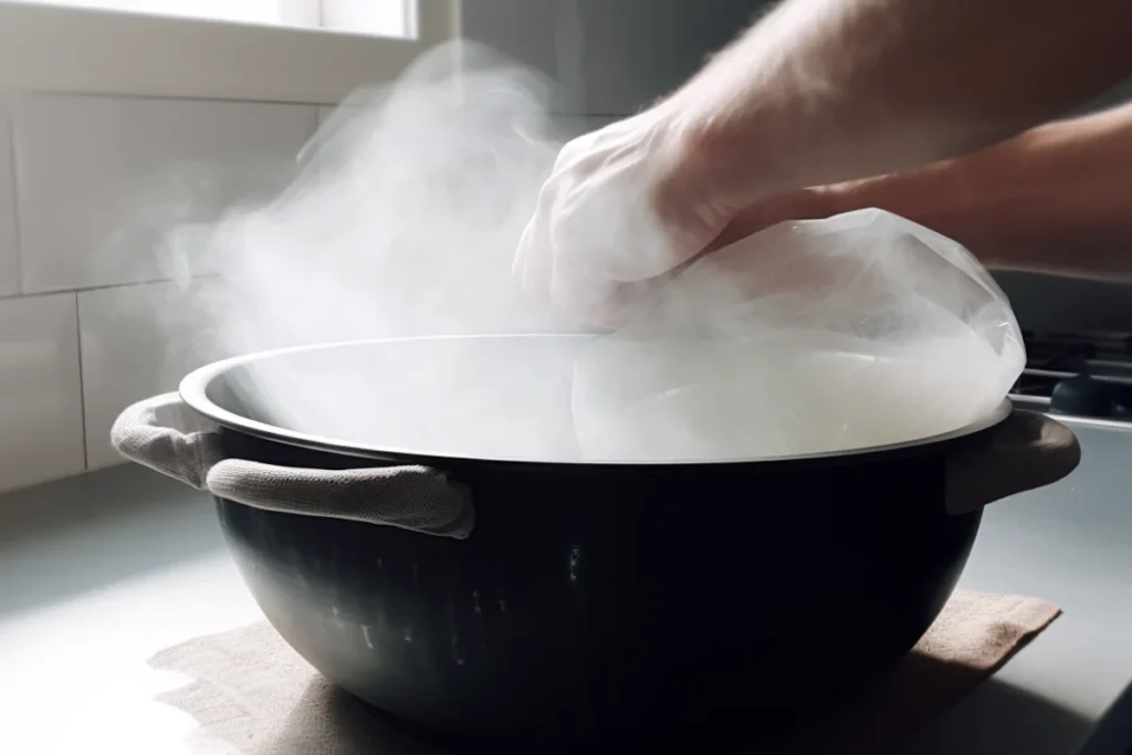 Steaming a tortilla bowl with a damp cloth in a kitchen.