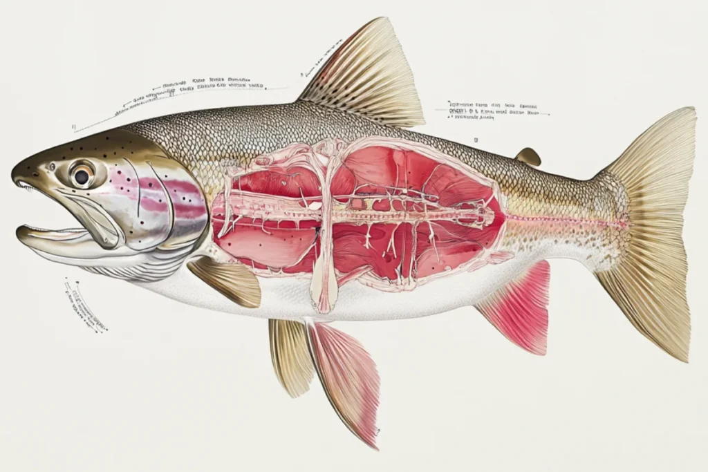 Anatomical breakdown of steelhead trout showing its skin, flesh, and bones.