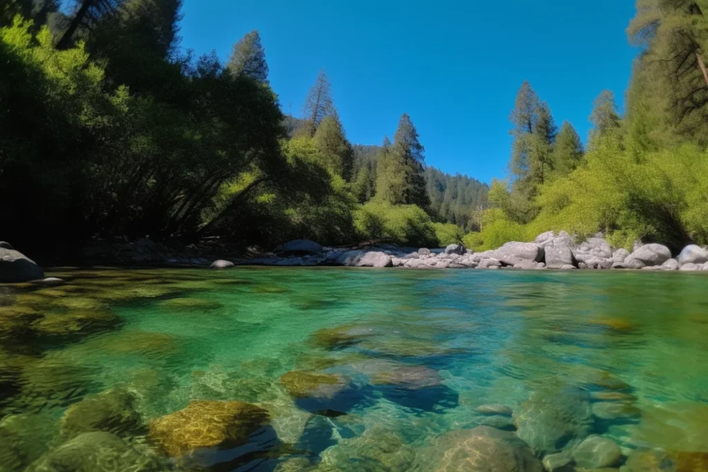 Steelhead trout swimming in a clear river surrounded by greenery and rocks.