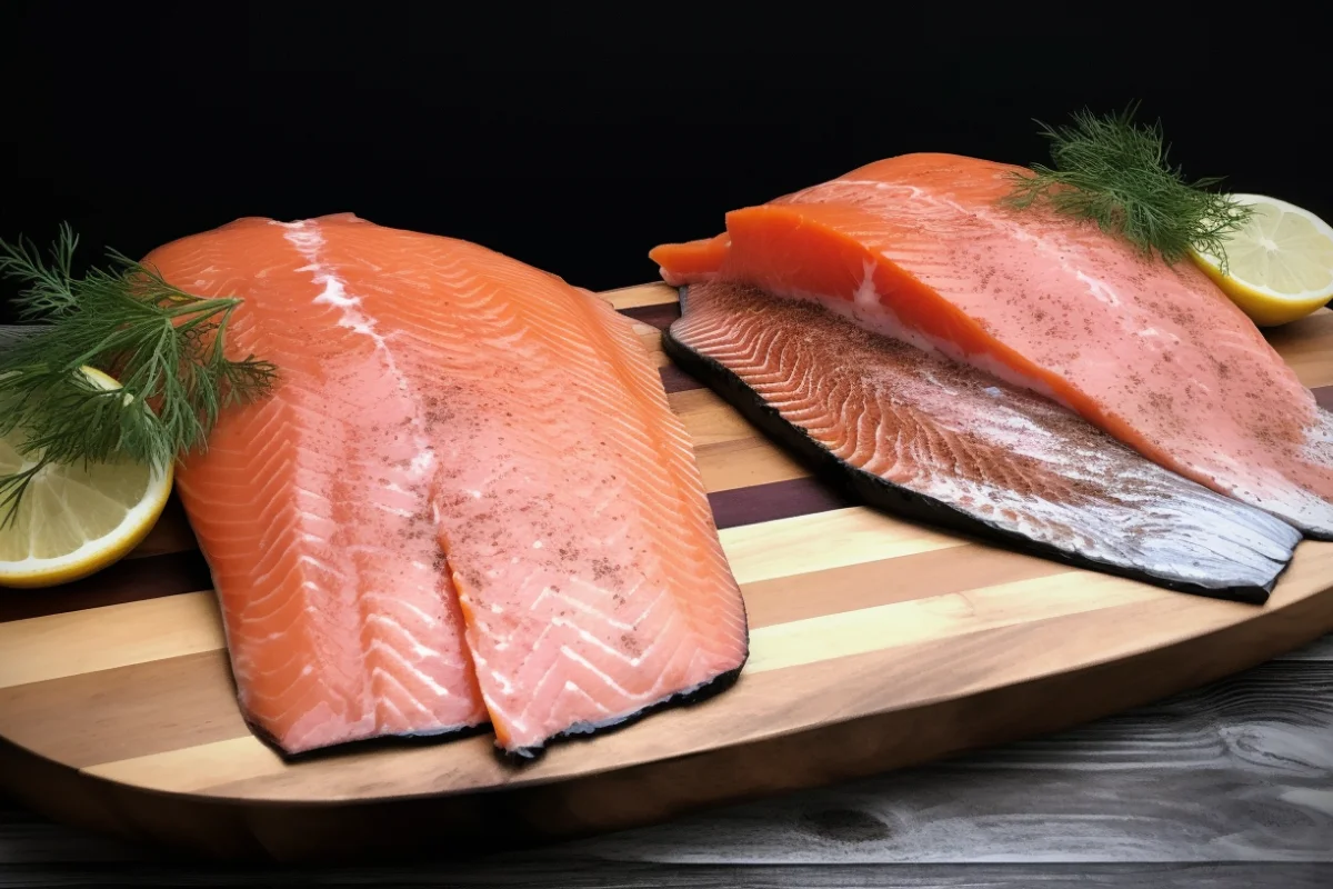 Steelhead trout and salmon fillets side by side on a rustic wooden board with garnishes of lemon and dill.