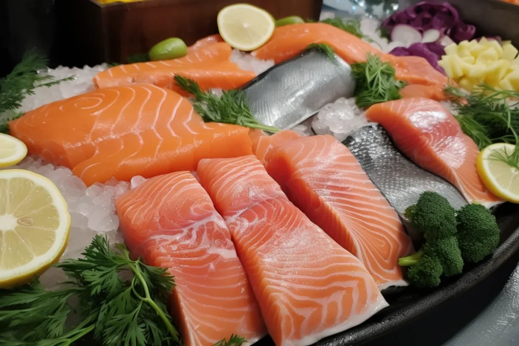 Fresh steelhead trout and salmon displayed on ice at a seafood market.