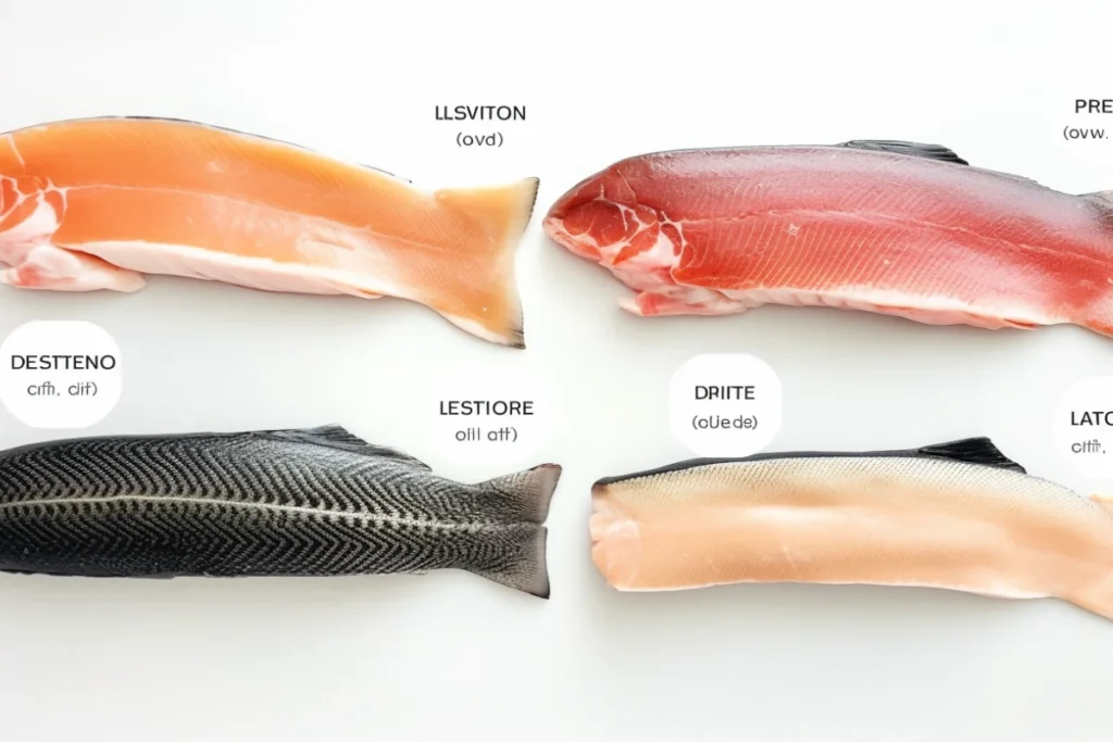 Steelhead trout and salmon fillets side by side, showing differences in color and texture on a white background.