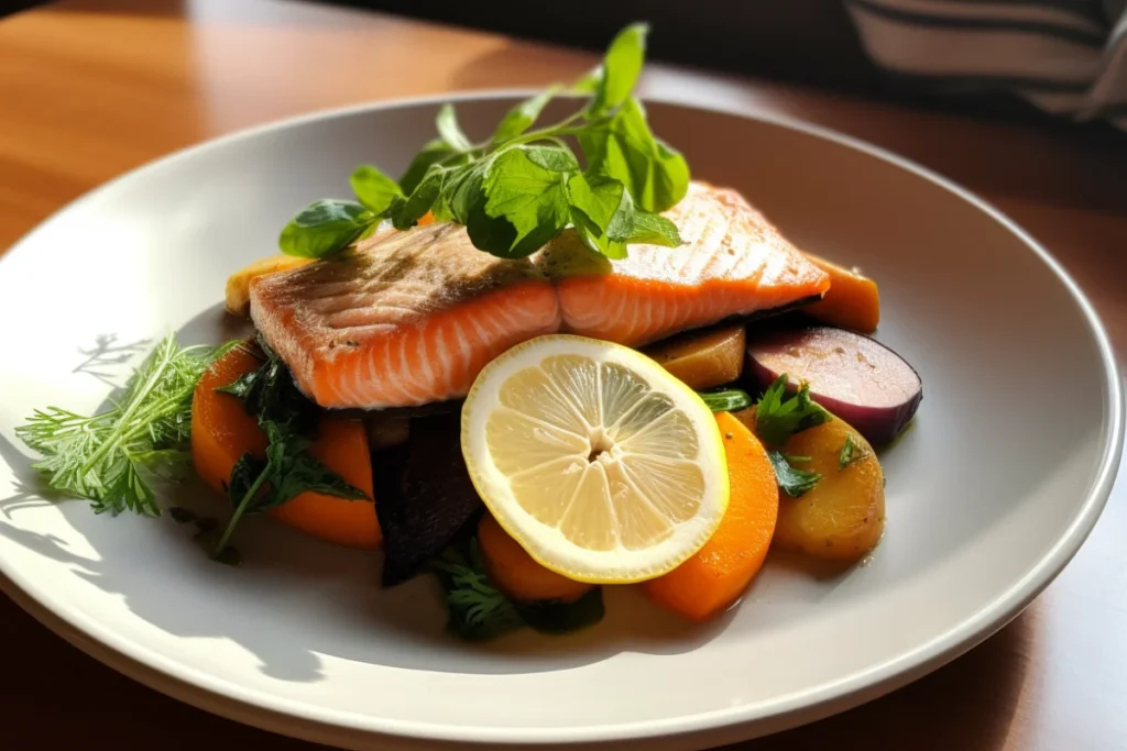 Steelhead trout served with roasted vegetables, lemon slices, and fresh herbs on a wooden table.