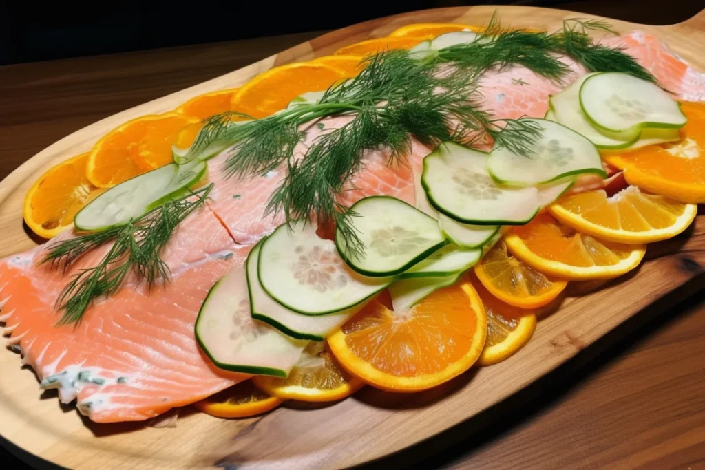 Steelhead trout baked in parchment paper with vegetables, dill, and lemon slices.