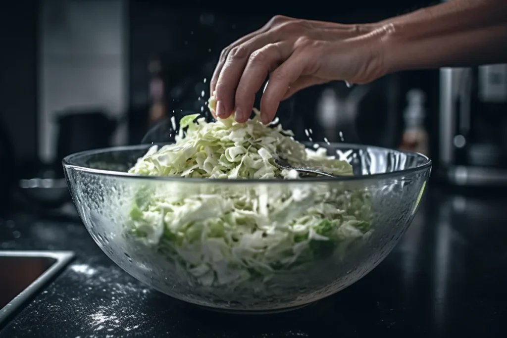 Hands soaking quartered cabbage in water with salt being added.