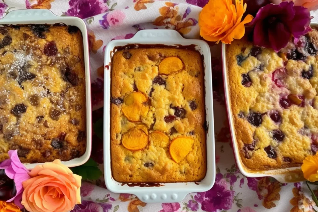 Overhead view of cherry, peach, and pumpkin dump cakes in baking dishes, surrounded by fresh fruit and ingredients.