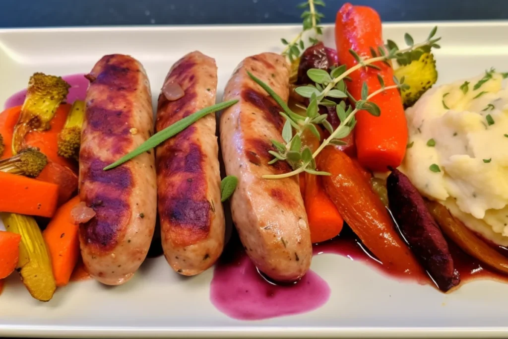 Plated turkey sausage with roasted vegetables and mashed potatoes, garnished with herbs.