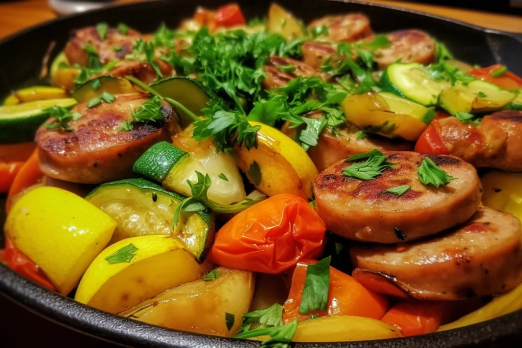 Turkey sausage skillet with sautéed vegetables and fresh parsley garnish.