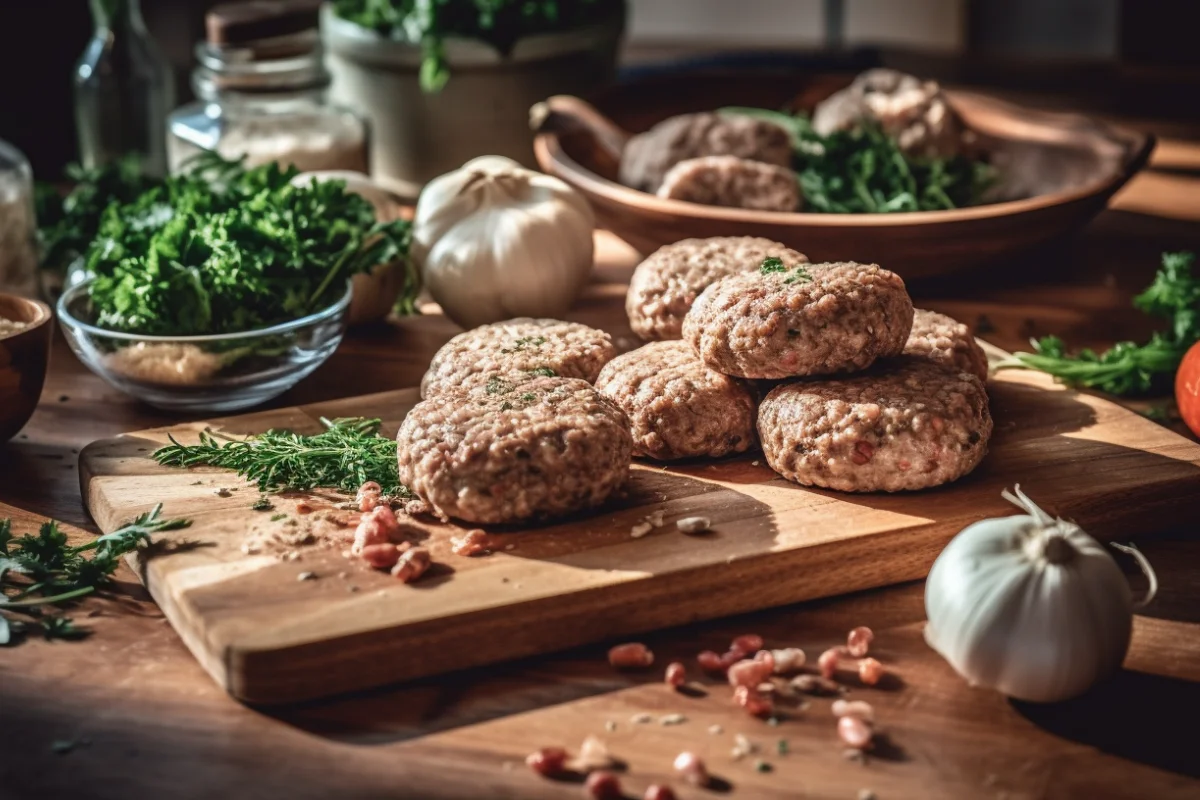 Rustic kitchen countertop with turkey sausage patties, links, and spices.