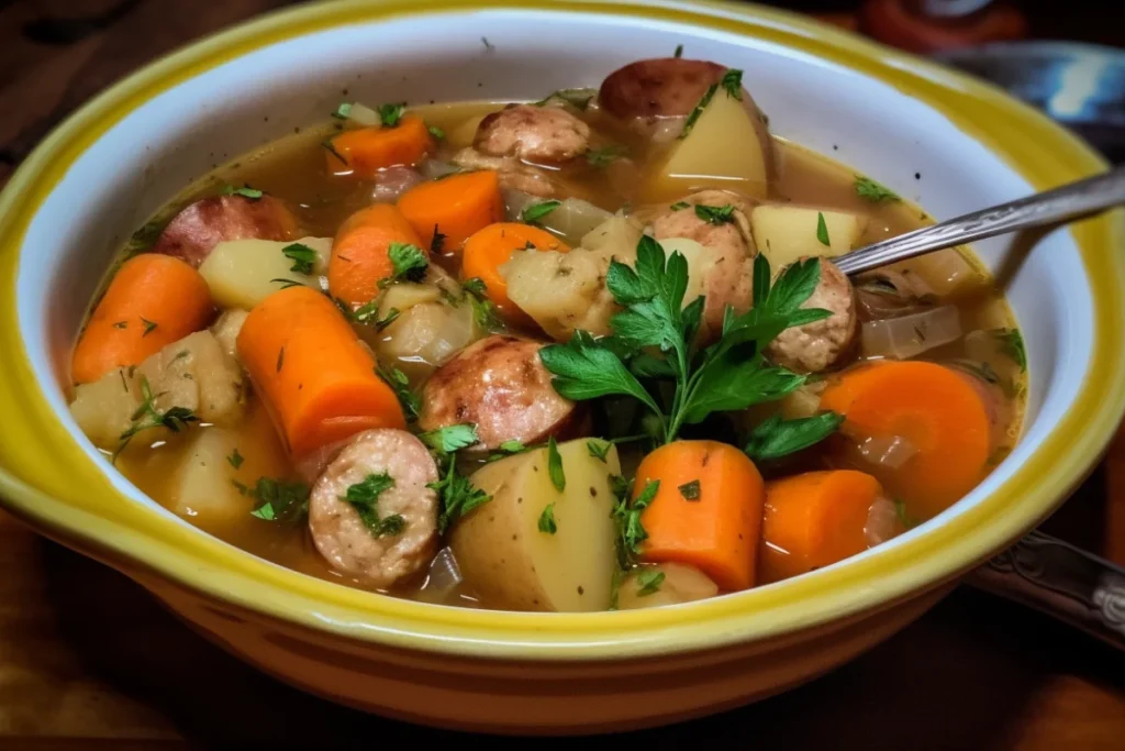 Turkey sausage and vegetable stew in a steaming bowl.