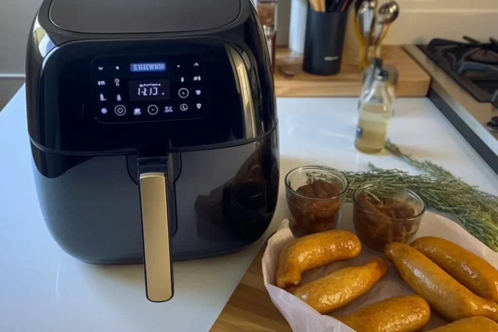 Golden turkey sausages cooking in a modern air fryer.