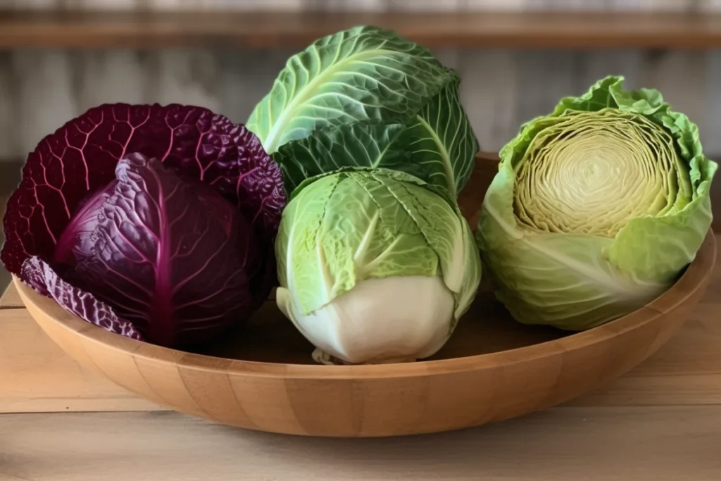 Green, red, and Napa cabbage on a wooden counter with a water bowl in the background.