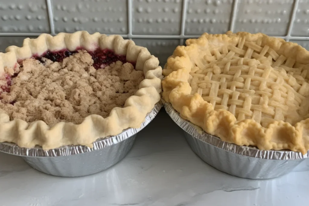 Three pie crusts: flaky, mealy, and sweet, each in small pie pans, displayed to highlight their texture differences.