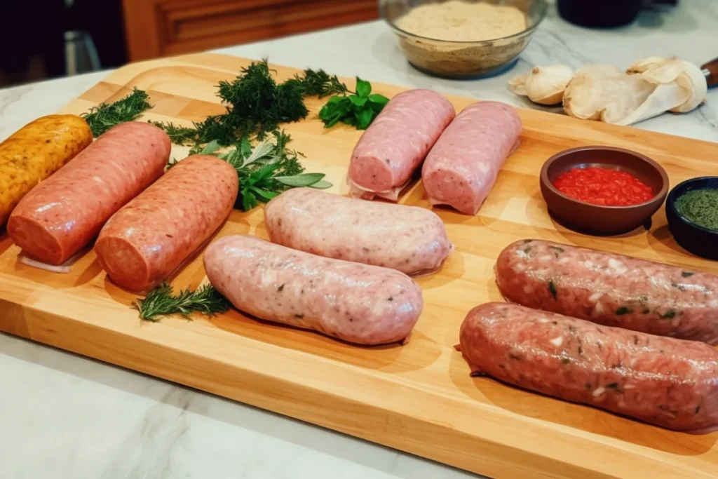 Variety of turkey sausages including fresh, pre-cooked, and organic options on a wooden board.