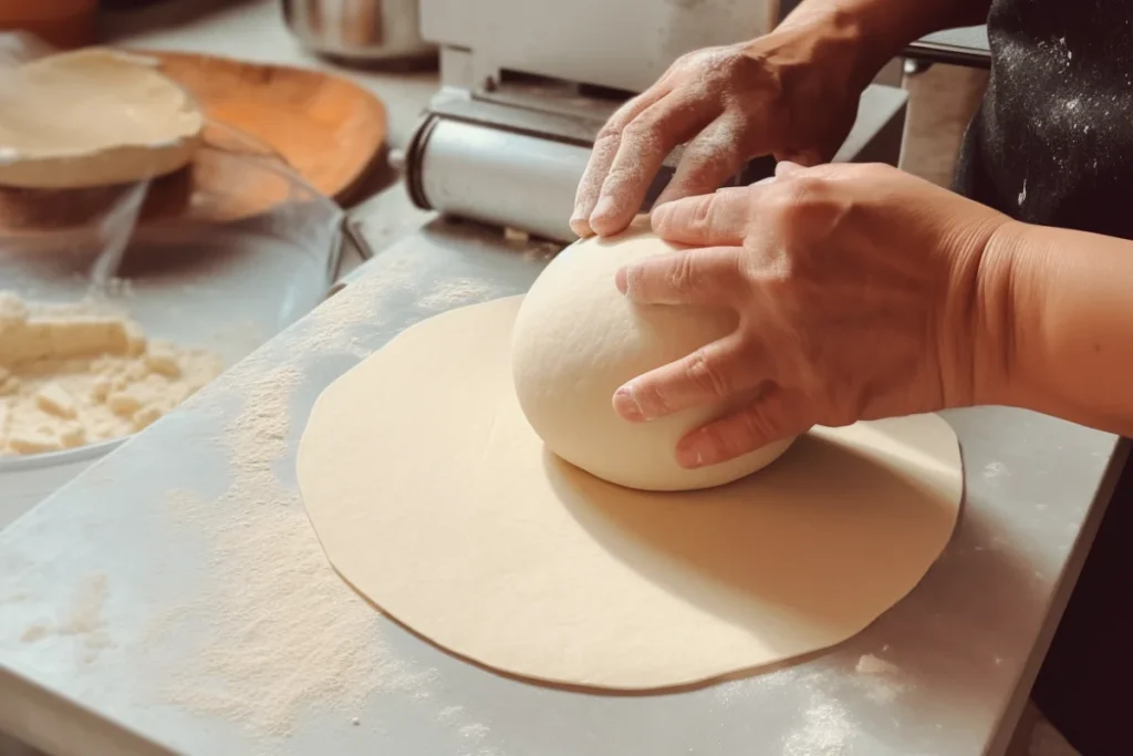 A person using a manual tortilla shaper to press dough into a circular tortilla with parchment paper.