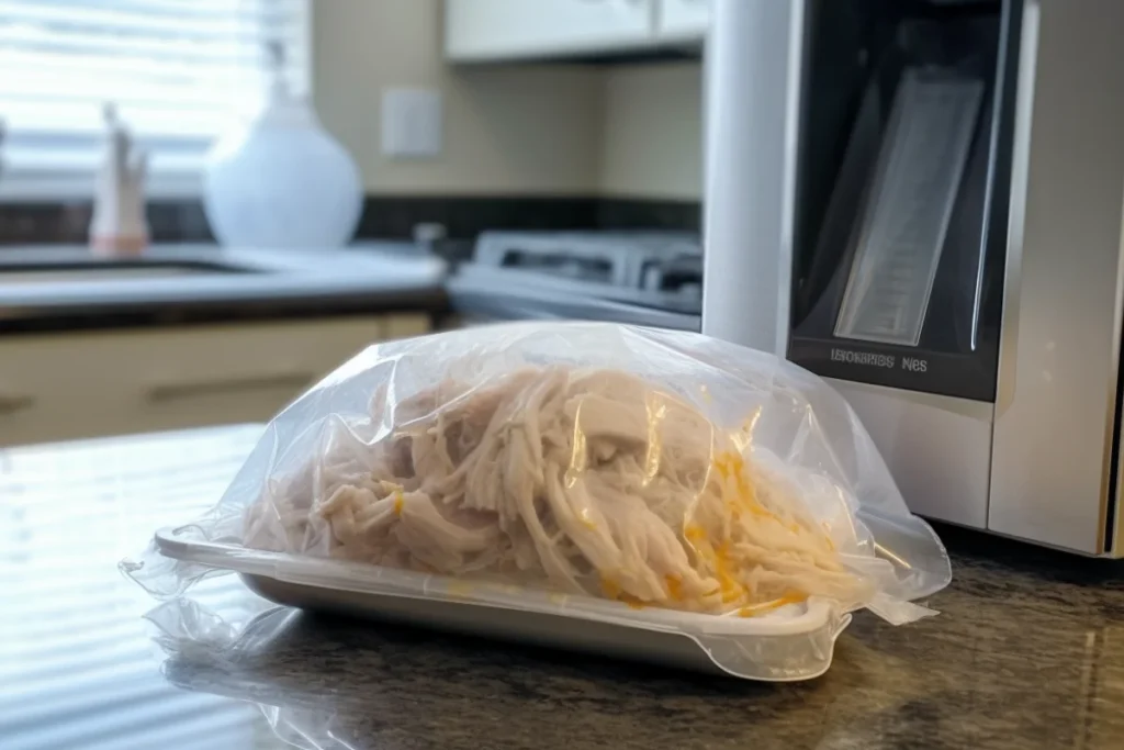 Shredded rotisserie chicken stored in a vacuum-sealed bag on a kitchen counter with a vacuum sealer beside it.