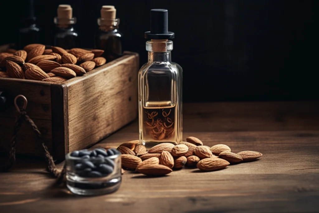 Vanilla beans and almonds on a wooden surface with small bottles of vanilla and almond extracts.