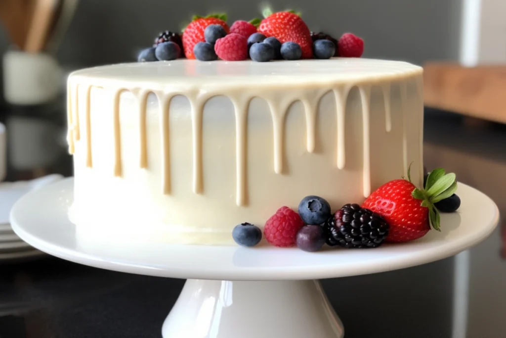 Vanilla layer cake made with sour cream, frosted with buttercream, and topped with fresh berries and glaze.