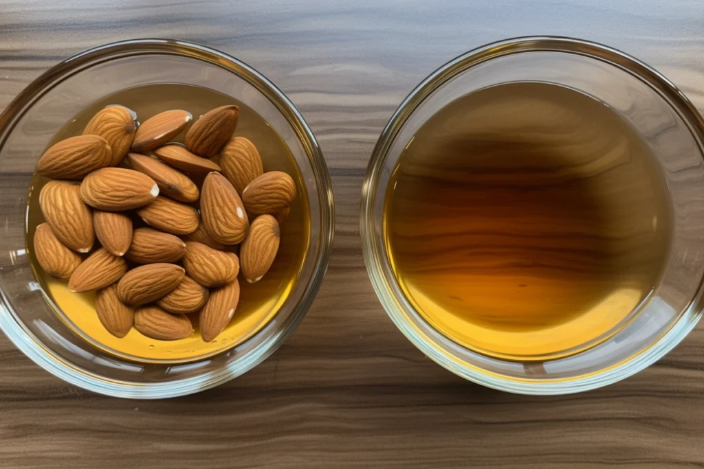 Two bowls of vanilla and almond extracts with almonds and vanilla pods scattered around.